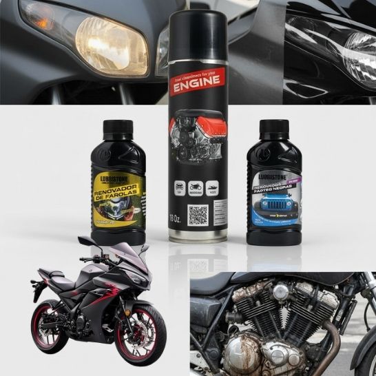 KIT para Moto LUBRISTONE + Magic Wash  – Limpia Motor 18oz, Renovador de Farolas 125g y Partes Negras 125ml |