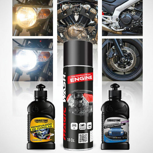 KIT para Moto LUBRISTONE + Magic Wash  – Limpia Motor 18oz, Renovador de Farolas 125g y Partes Negras 125ml |