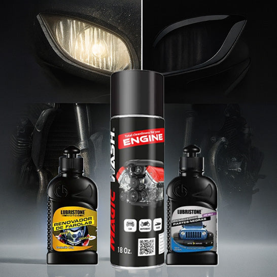 KIT para Moto LUBRISTONE + Magic Wash  – Limpia Motor 18oz, Renovador de Farolas 125g y Partes Negras 125ml |